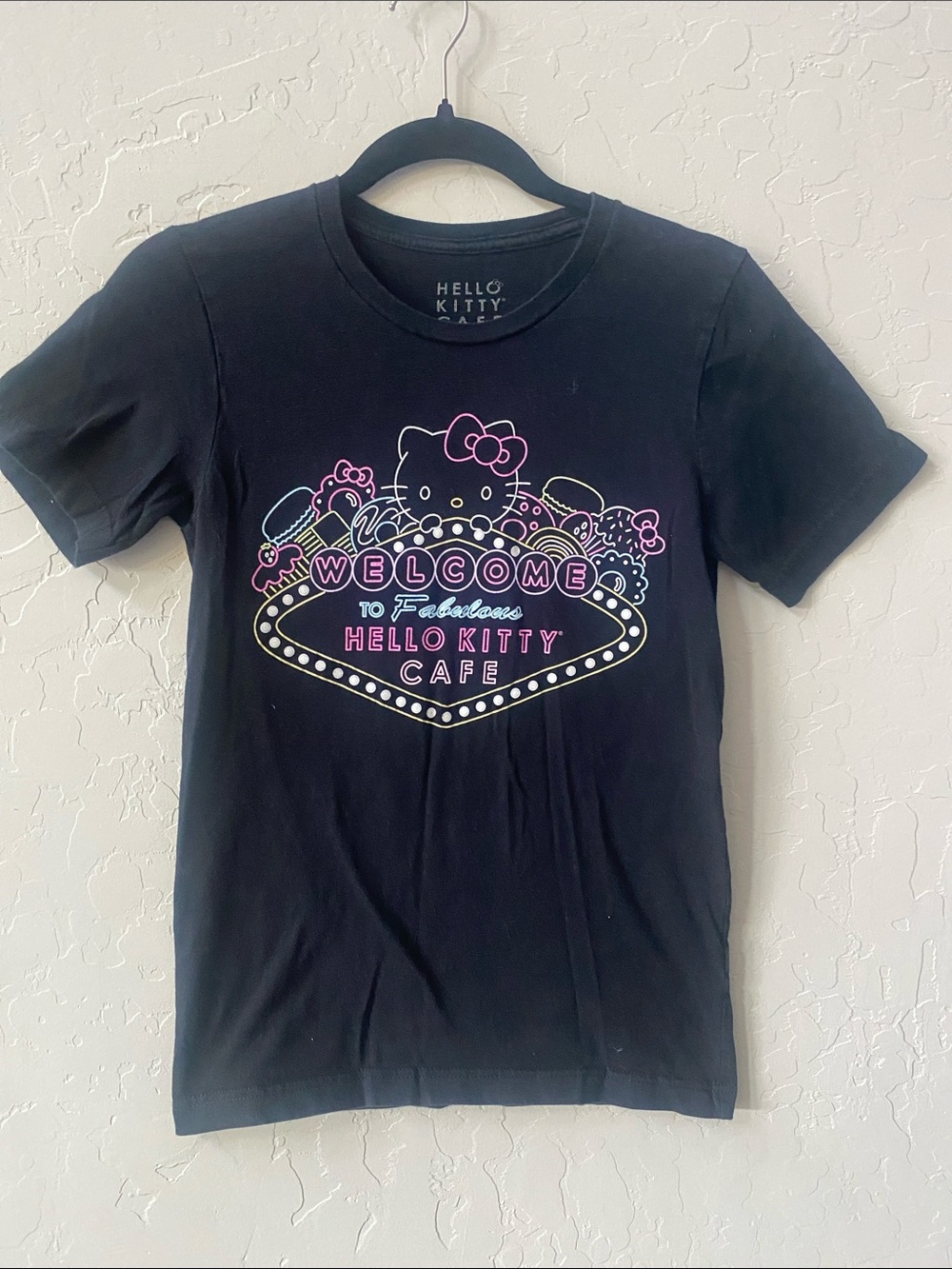 Hello Kitty Black Tee with Neon Pink & Light Blue Café Graphic